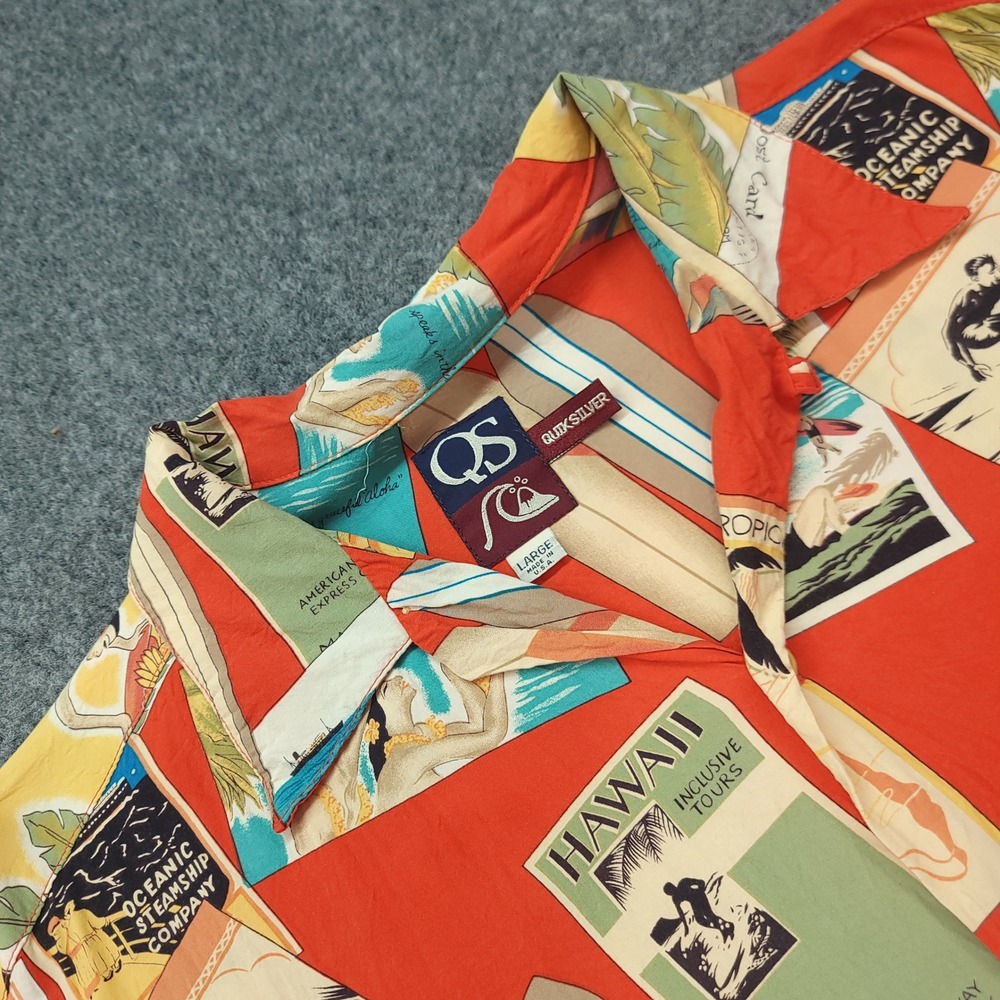 Vintage Quiksilver Hawaii Postcard Print Rayon Shirt Orange Large Made in USA